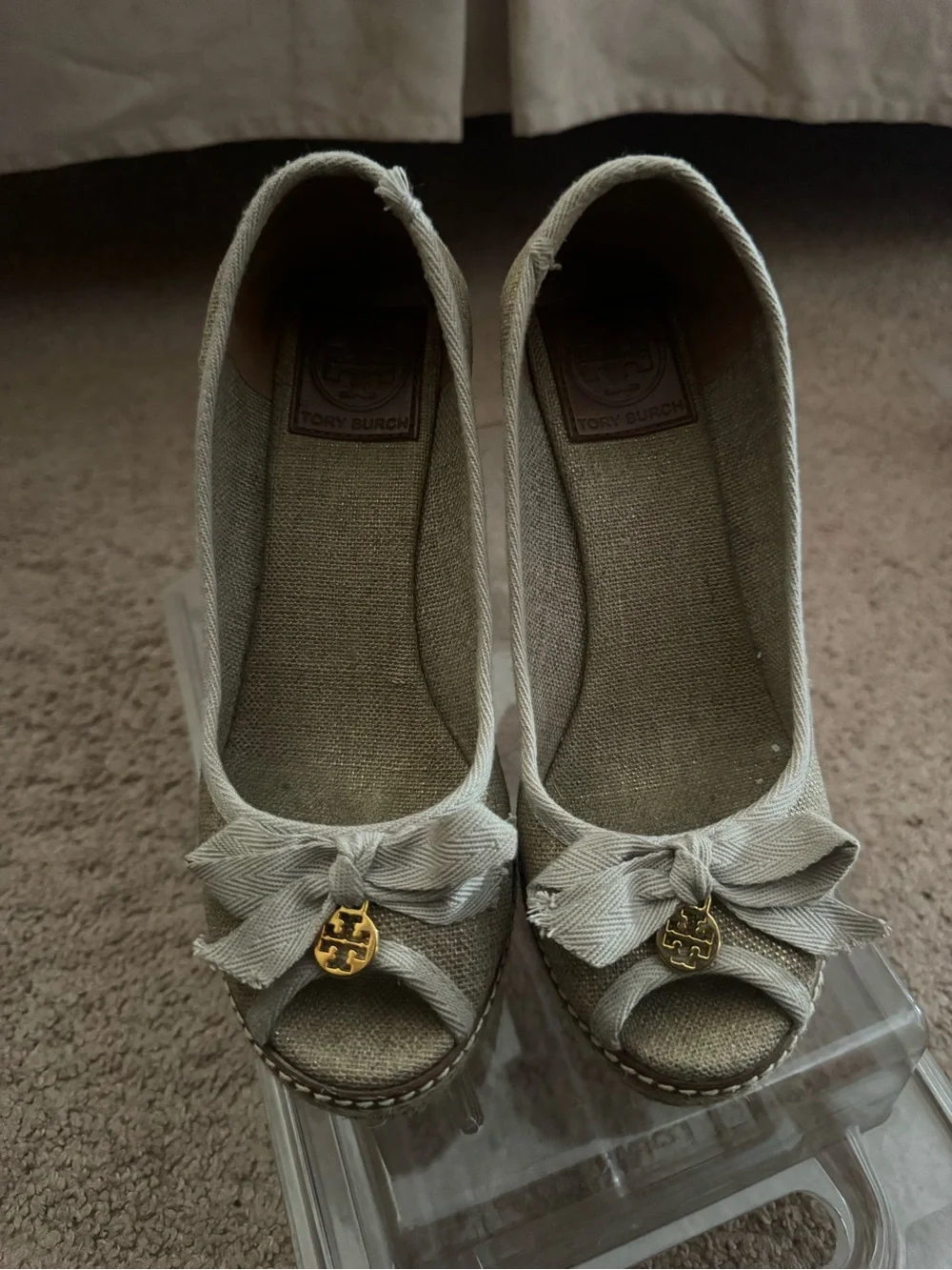 Tory Burch Light Beige Peep-Toe Wedge Espadrilles with Gold Logo Charm